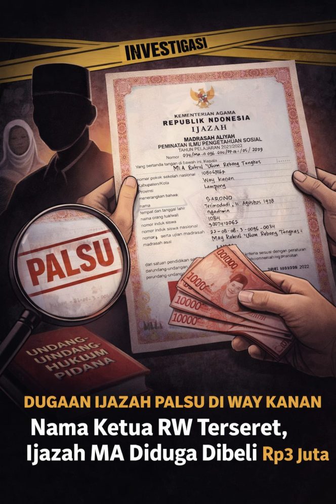 
 Dugaan ijazah palsu di way kanan :nama ketua RW terseret , ijazah MA diduga beli Rp 3 juta