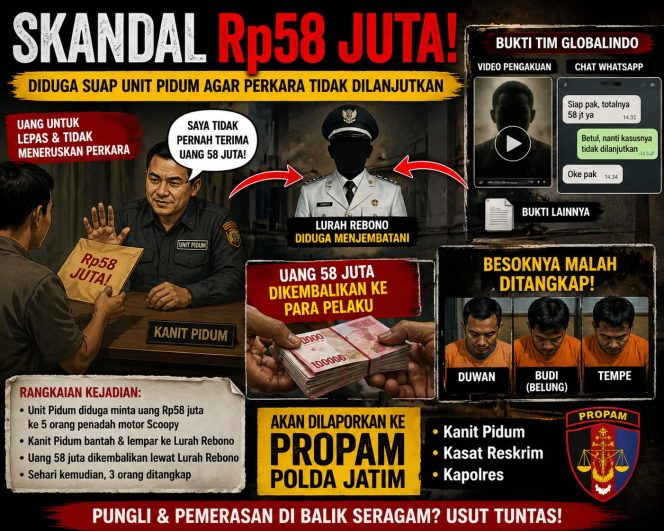 
 🚨 SKANDAL HUKUM MOJOKERTO: Rp58 JUTA DIDUGA JADI “KUNCI DAMAI”, DIBANTAH, DIKEMBALIKAN, LALU TIBA-TIBA PENANGKAPAN! ADA APA DI BALIK UNIT PIDUM?